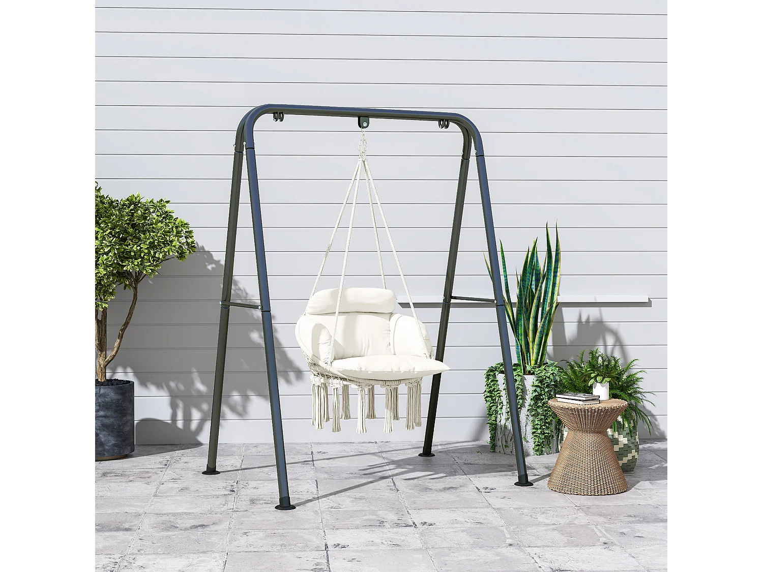 Chaise suspendue de jardin - grand coussin inclus - macramé coton polyester blanc cassé