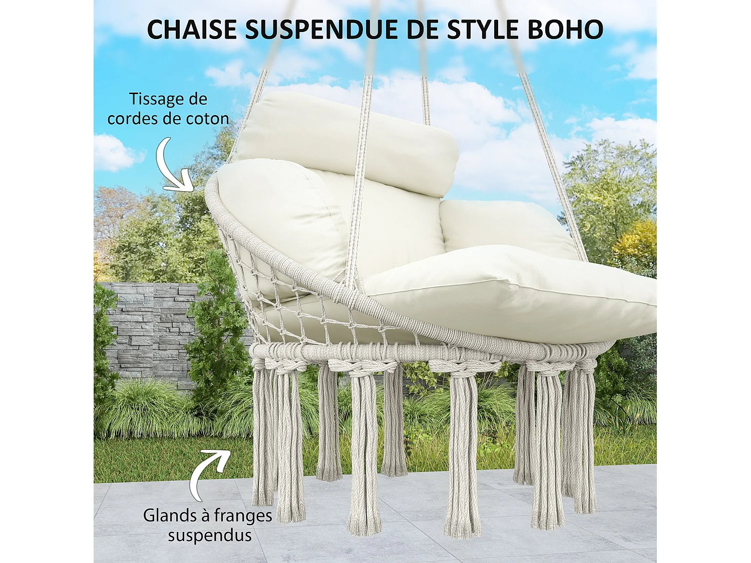 Chaise suspendue de jardin - grand coussin inclus - macramé coton polyester blanc cassé