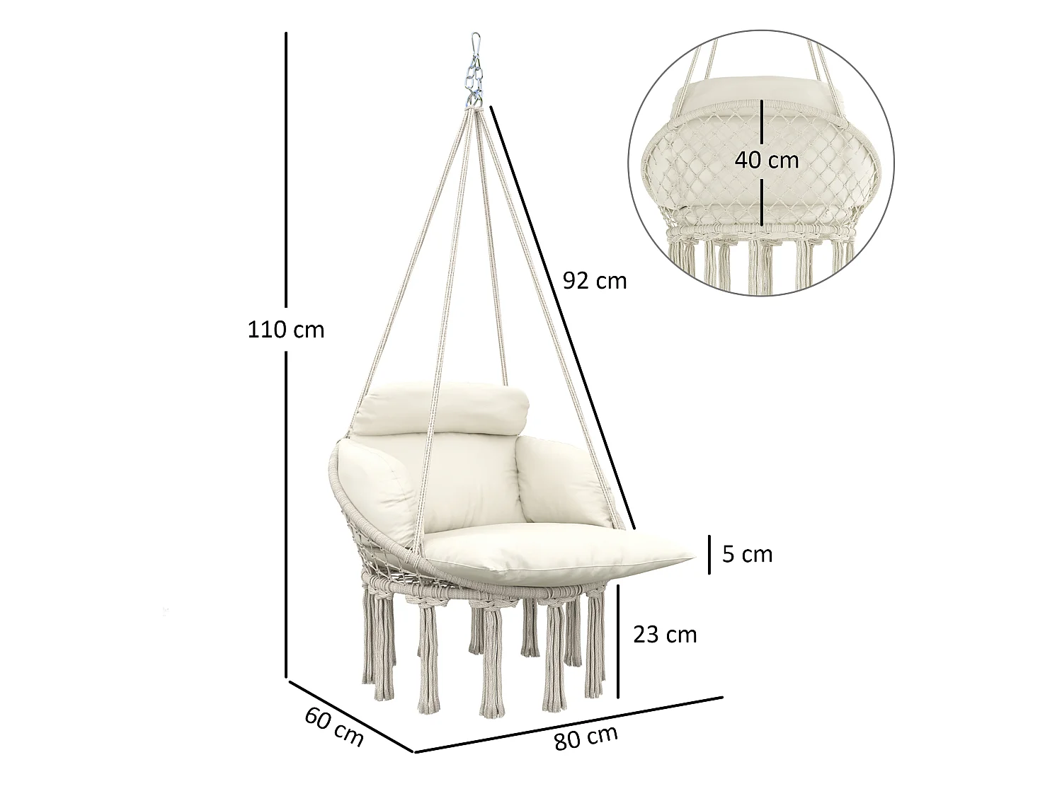 Chaise suspendue de jardin - grand coussin inclus - macramé coton polyester blanc cassé