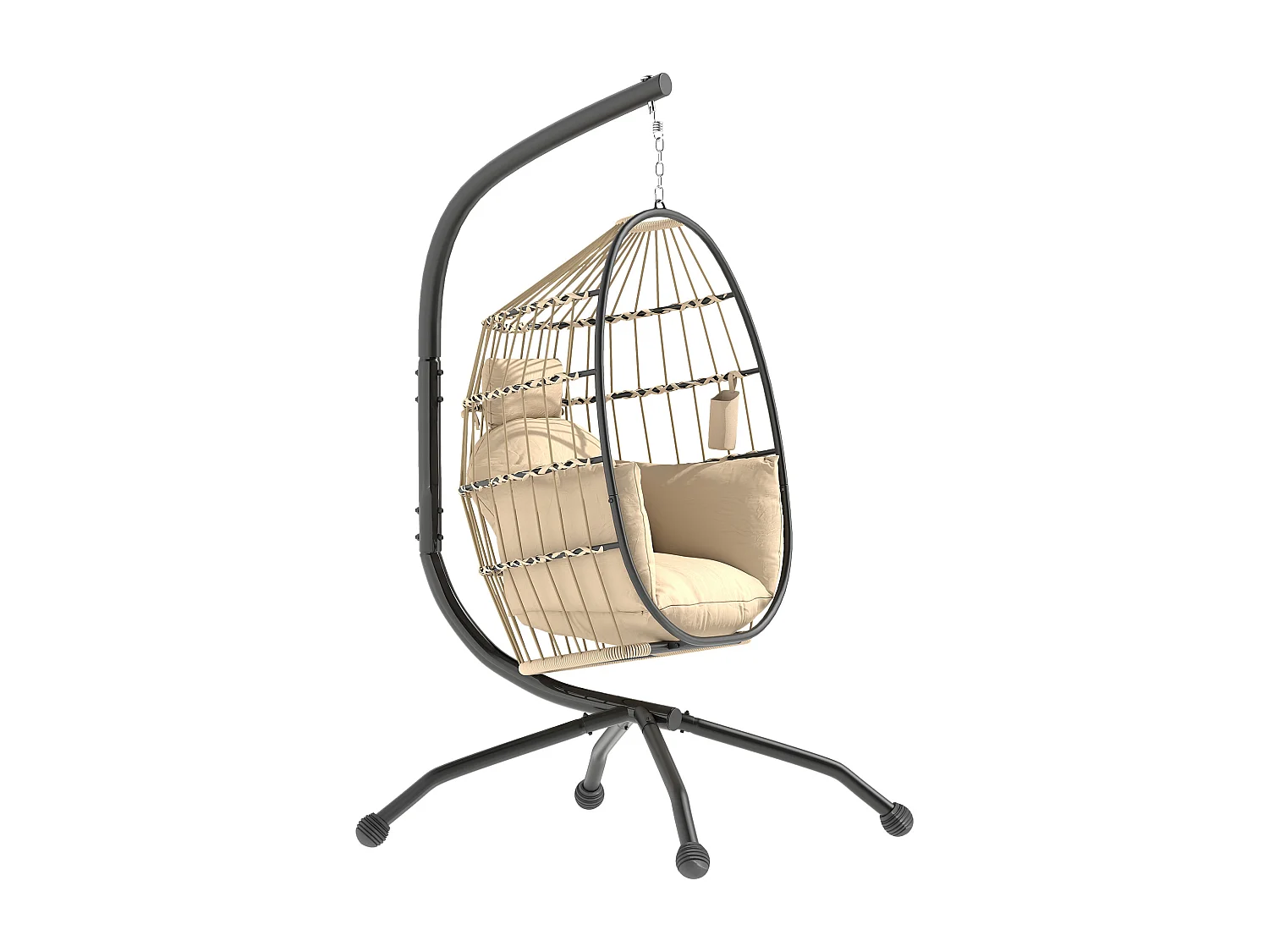 Fauteuil suspendu - fauteuil oeuf suspendu - panier pliable - épais coussin - porte-gobelet - acier noir résine tissu kaki