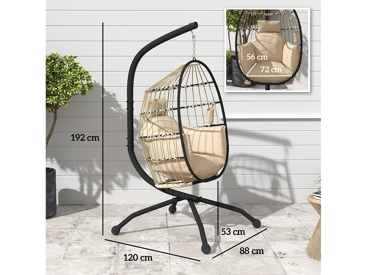 Fauteuil suspendu - fauteuil oeuf suspendu - panier pliable - épais coussin - porte-gobelet - acier noir résine tissu kaki