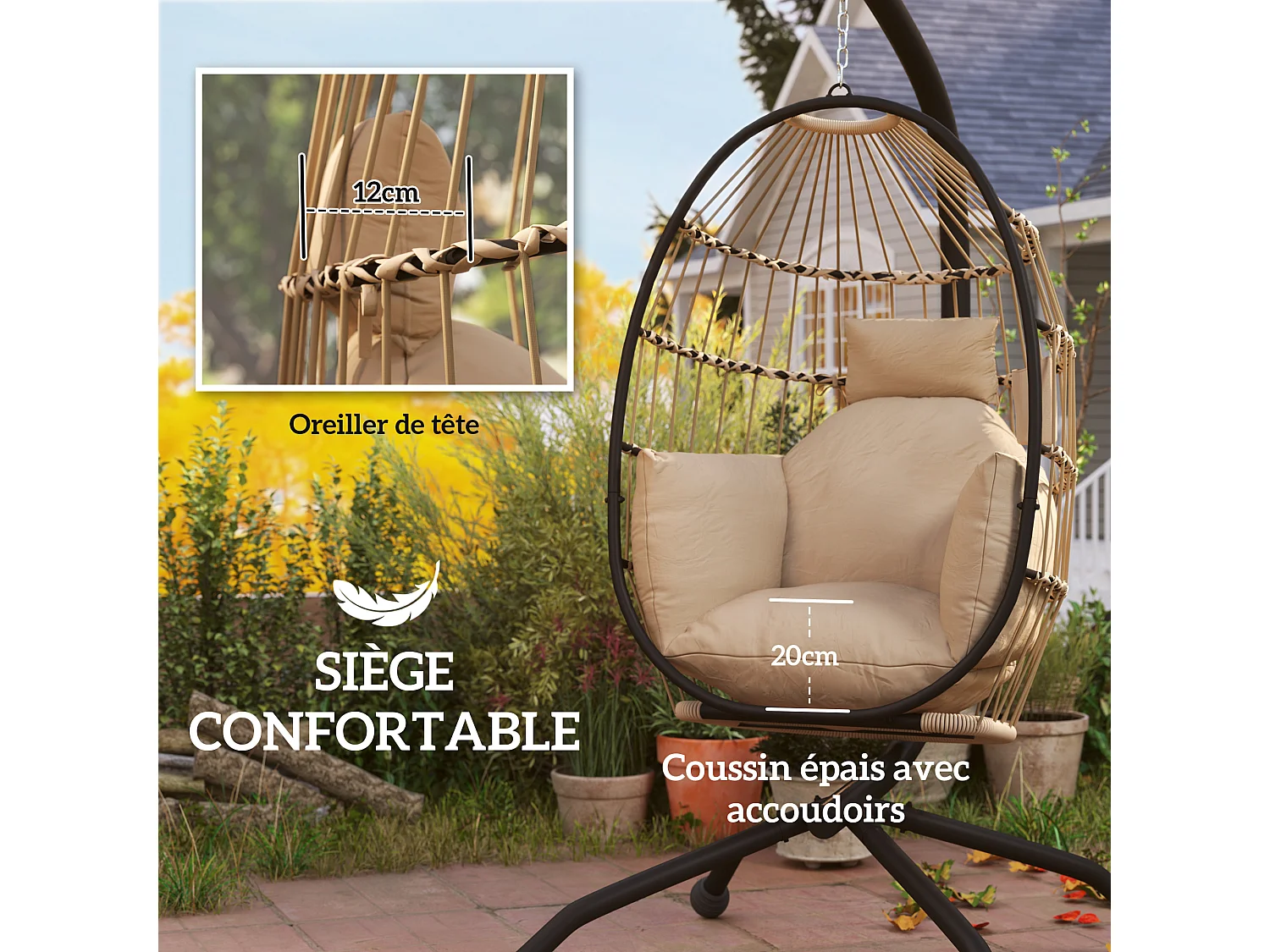 Fauteuil suspendu - fauteuil oeuf suspendu - panier pliable - épais coussin - porte-gobelet - acier noir résine tissu kaki