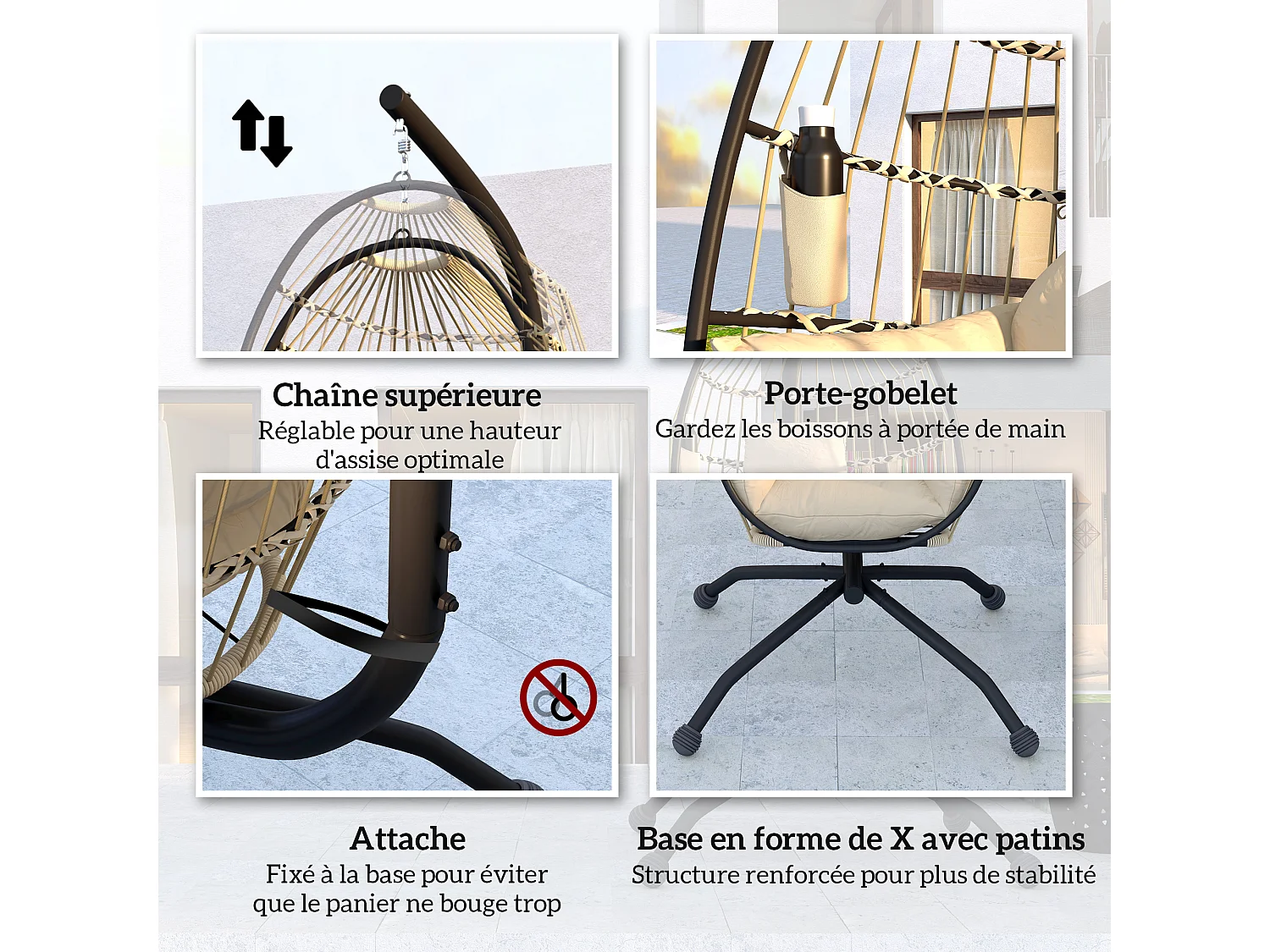 Fauteuil suspendu - fauteuil oeuf suspendu - panier pliable - épais coussin - porte-gobelet - acier noir résine tissu kaki