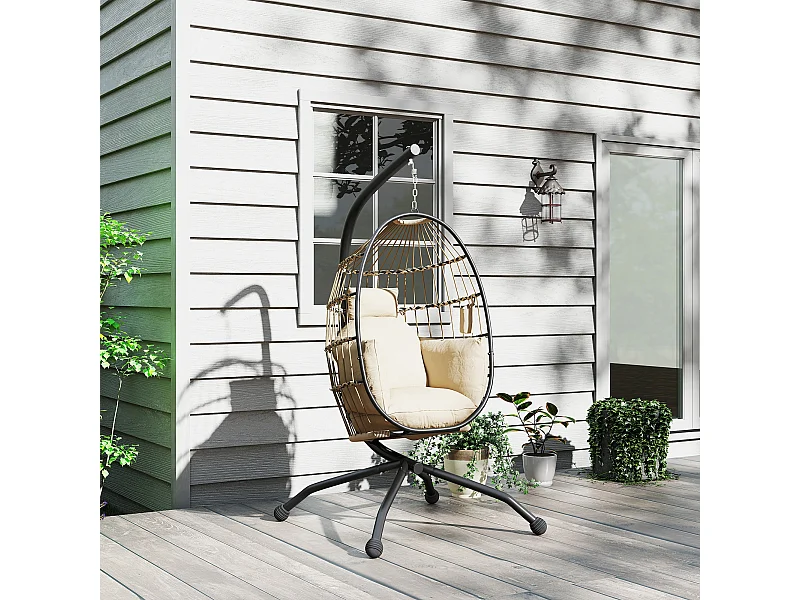 Fauteuil suspendu - fauteuil oeuf suspendu - panier pliable - épais coussin - porte-gobelet - acier noir résine tissu kaki