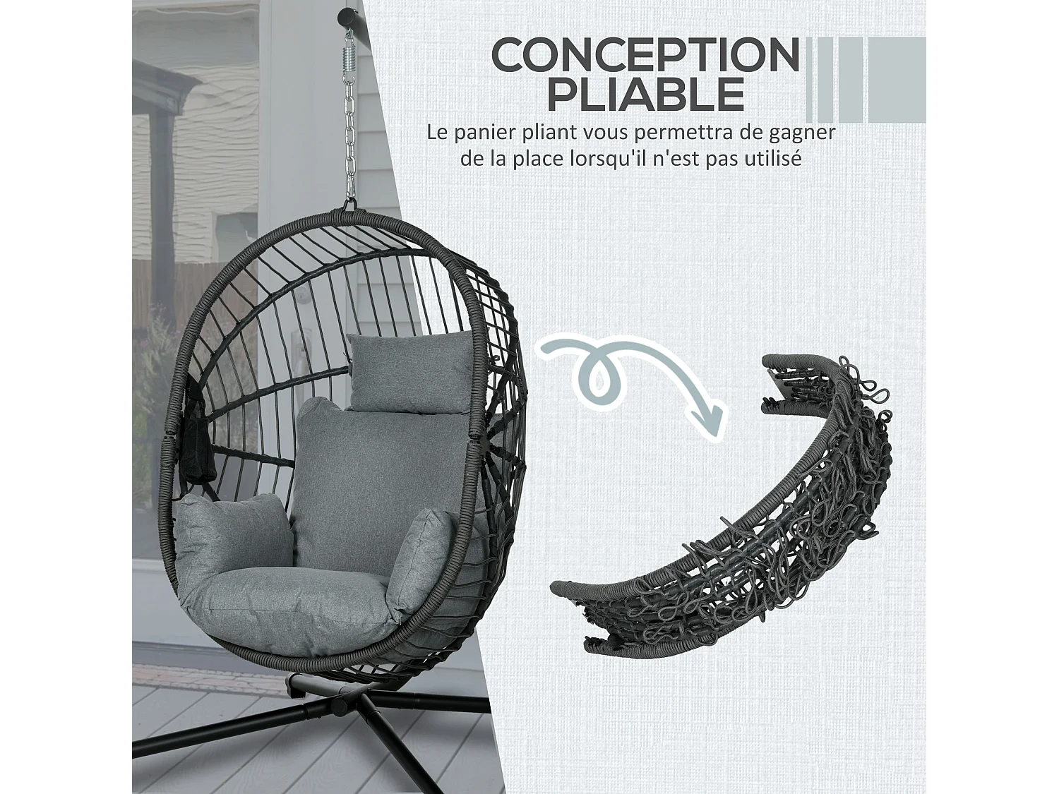 Fauteuil suspendu pliable - fauteuil de jardin suspendu avec coussin - acier noir cordage PP gris