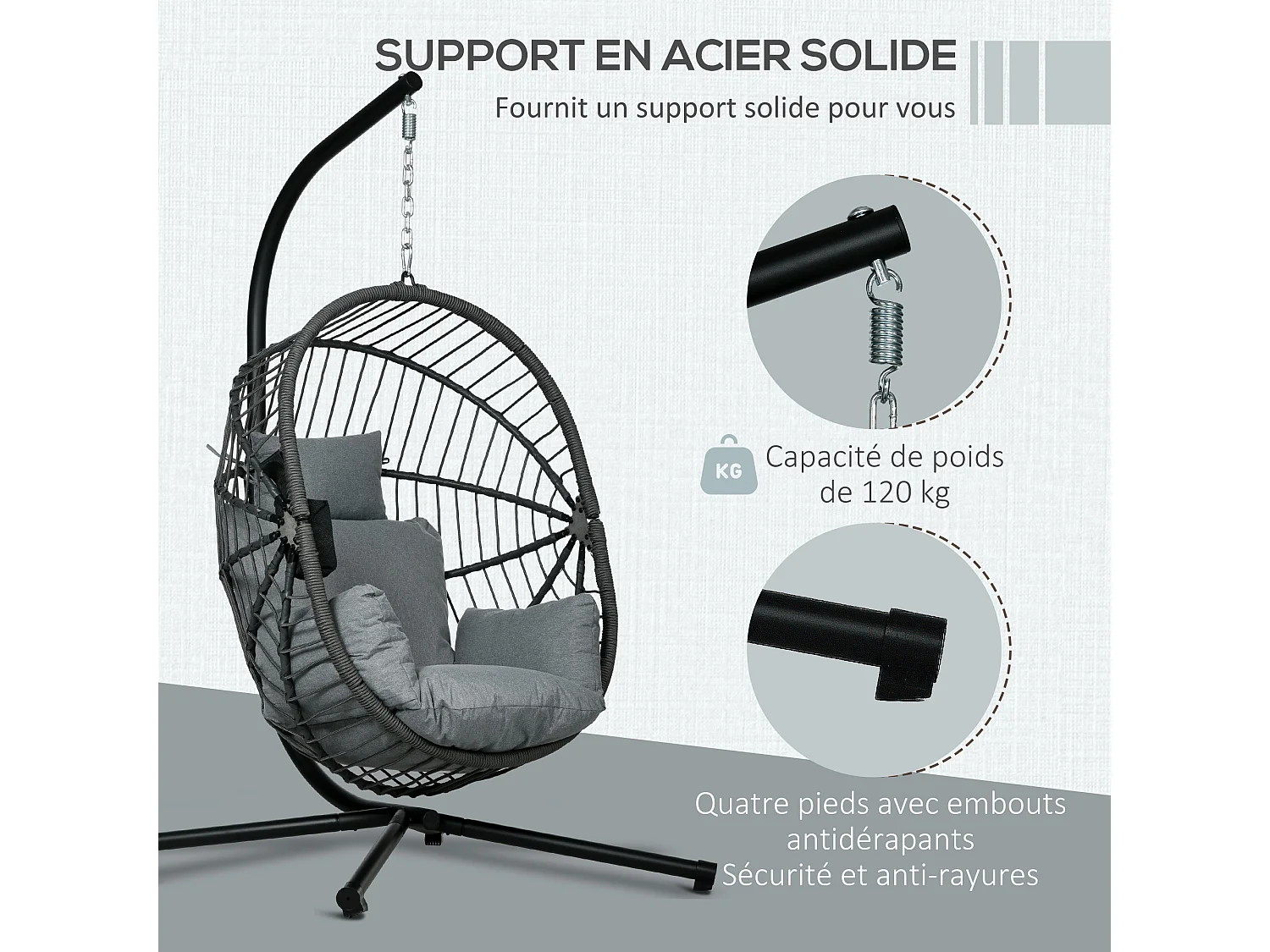 Fauteuil suspendu pliable - fauteuil de jardin suspendu avec coussin - acier noir cordage PP gris