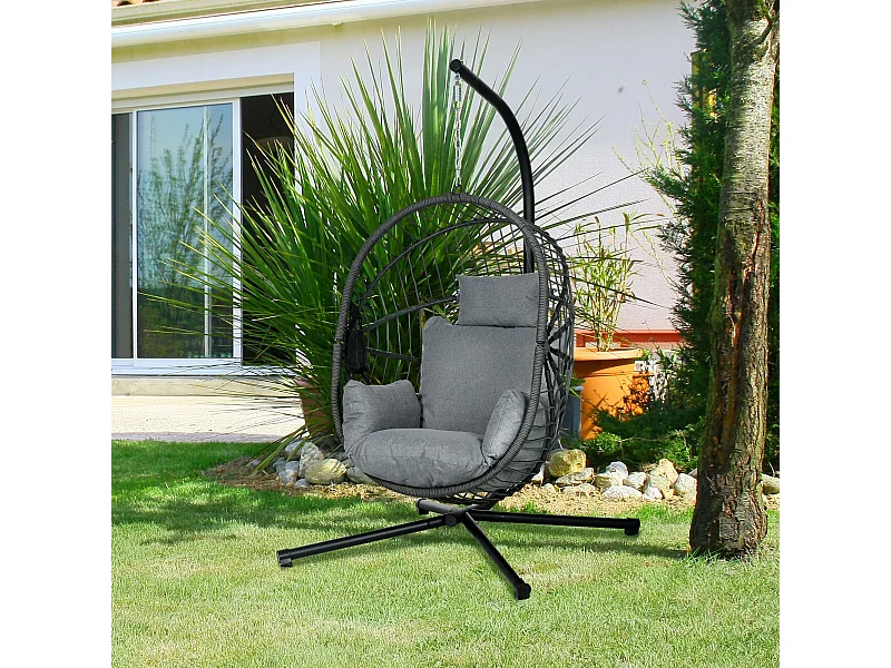 Fauteuil suspendu pliable - fauteuil de jardin suspendu avec coussin - acier noir cordage PP gris