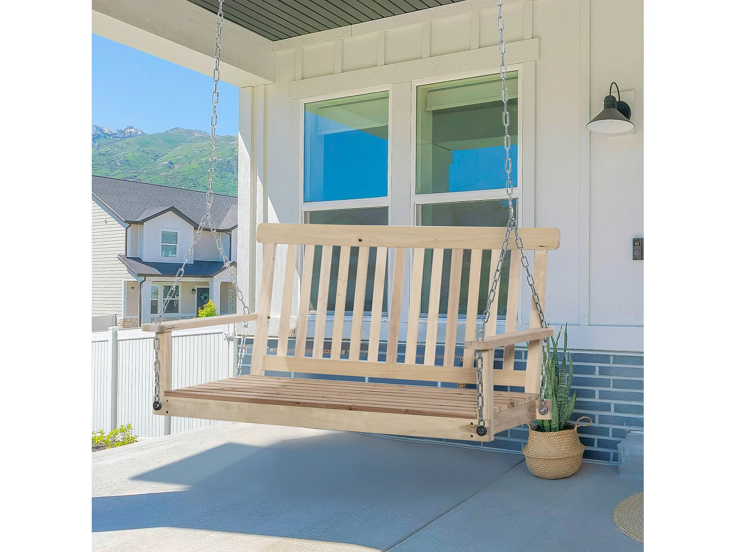 Banc suspendu 2 places en bois - dossier assise à lattes - max. 200Kg - chaînes réglables acier galvanisé