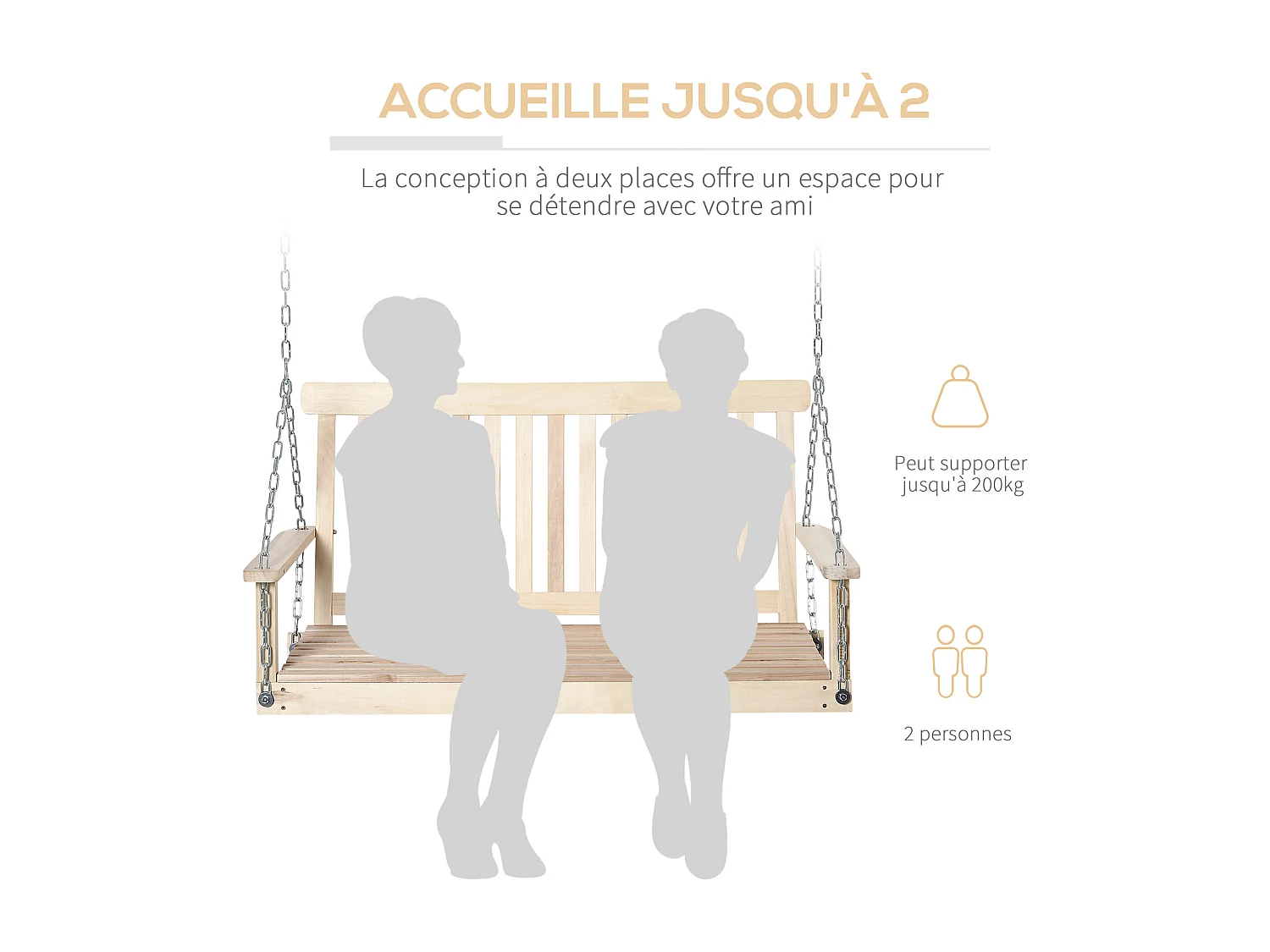 Banc suspendu 2 places en bois - dossier assise à lattes - max. 200Kg - chaînes réglables acier galvanisé