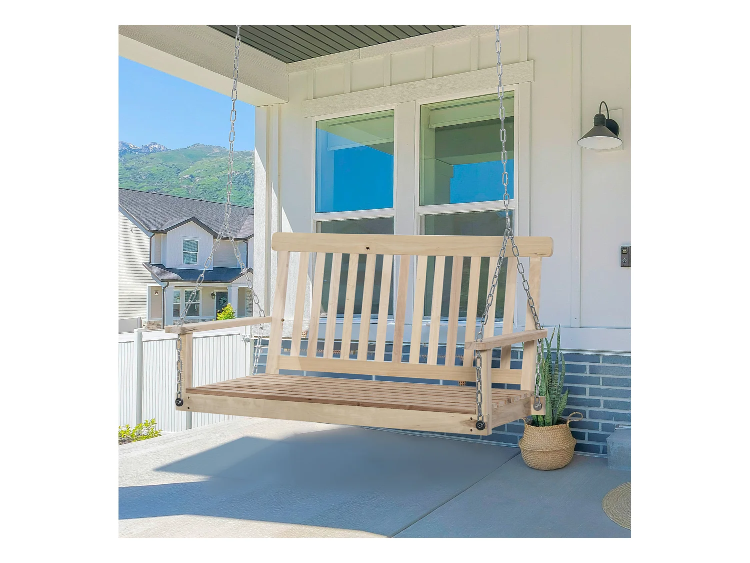 Banc suspendu 2 places en bois - dossier assise à lattes - max. 200Kg - chaînes réglables acier galvanisé