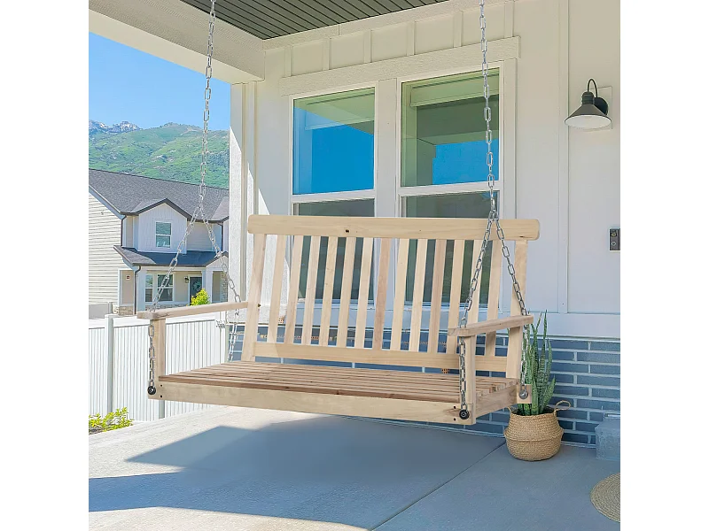 Banc suspendu 2 places en bois - dossier assise à lattes - max. 200Kg - chaînes réglables acier galvanisé