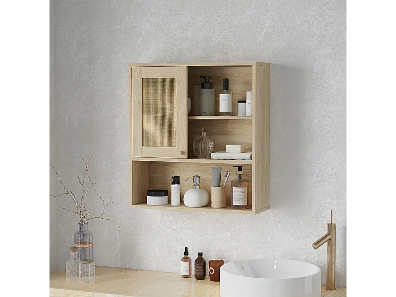Armoire murale de salle de bain style cosy chic - porte coulissante rotin, étagère, niche - effet bois clair