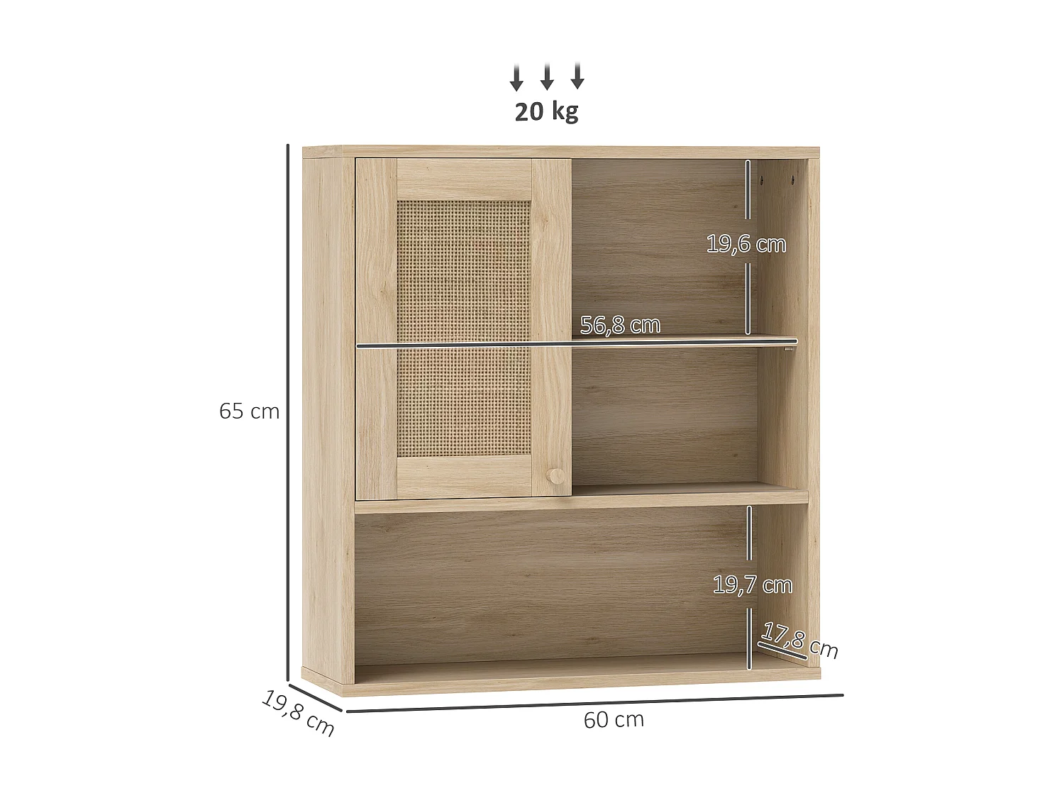 Armoire murale de salle de bain style cosy chic - porte coulissante rotin, étagère, niche - effet bois clair
