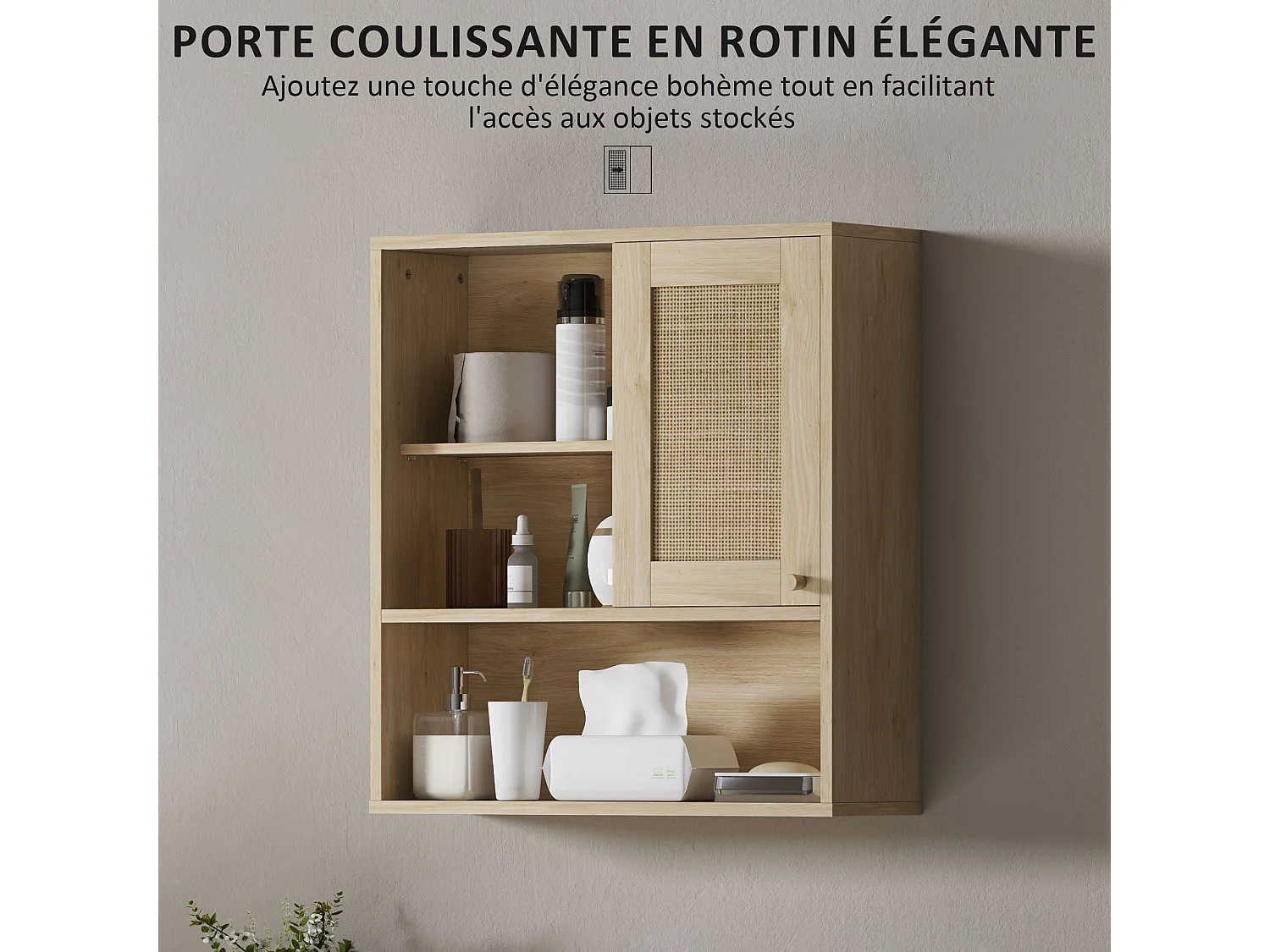 Armoire murale de salle de bain style cosy chic - porte coulissante rotin, étagère, niche - effet bois clair