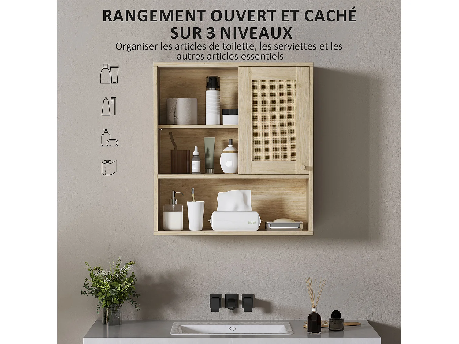 Armoire murale de salle de bain style cosy chic - porte coulissante rotin, étagère, niche - effet bois clair