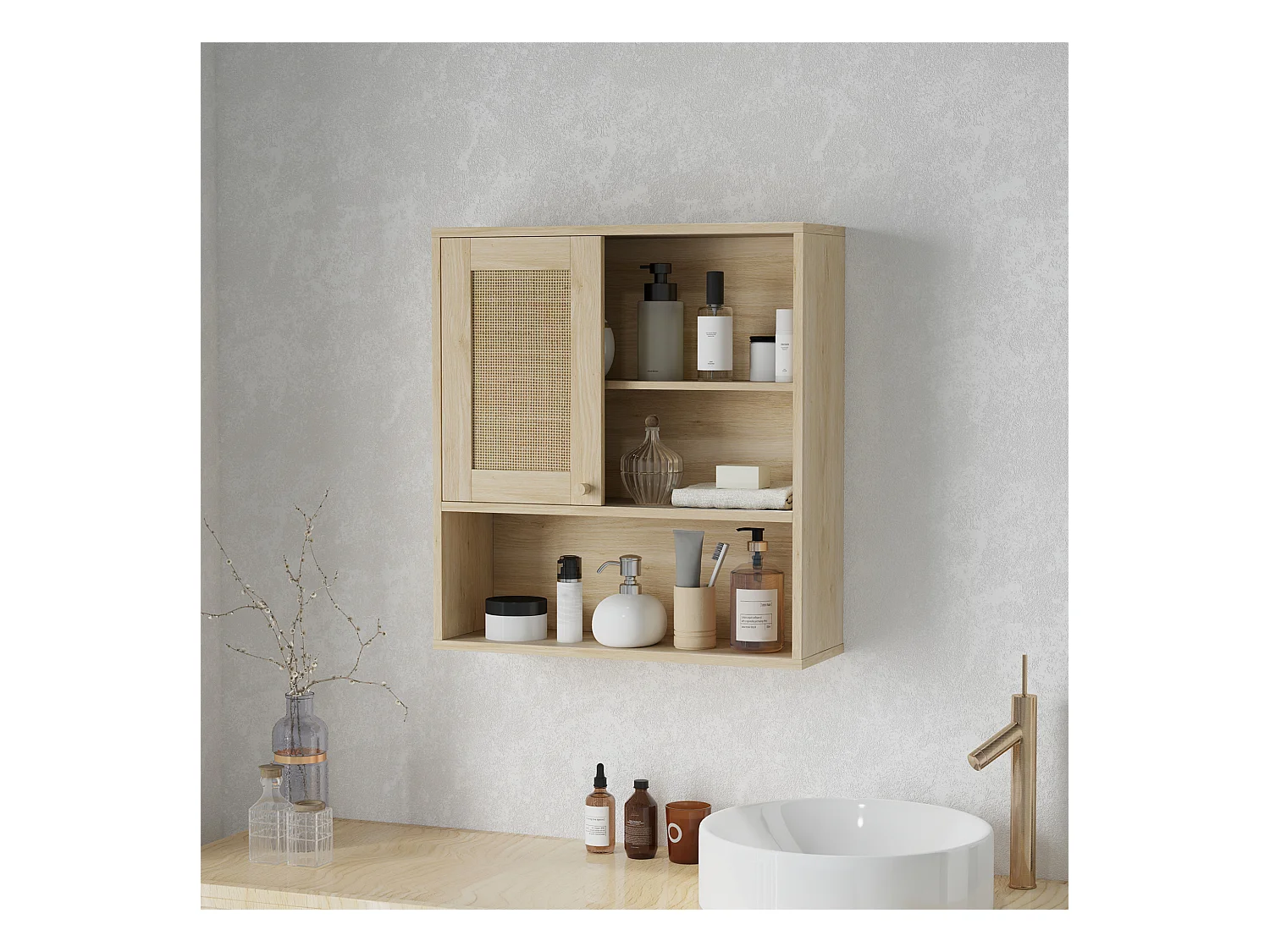 Armoire murale de salle de bain style cosy chic - porte coulissante rotin, étagère, niche - effet bois clair