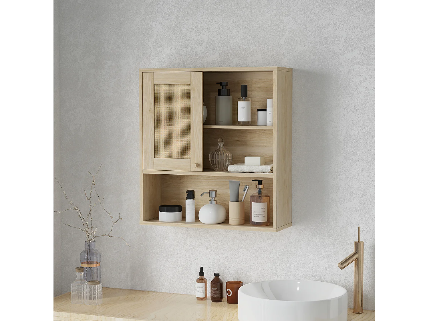 Armoire murale de salle de bain style cosy chic - porte coulissante rotin, étagère, niche - effet bois clair