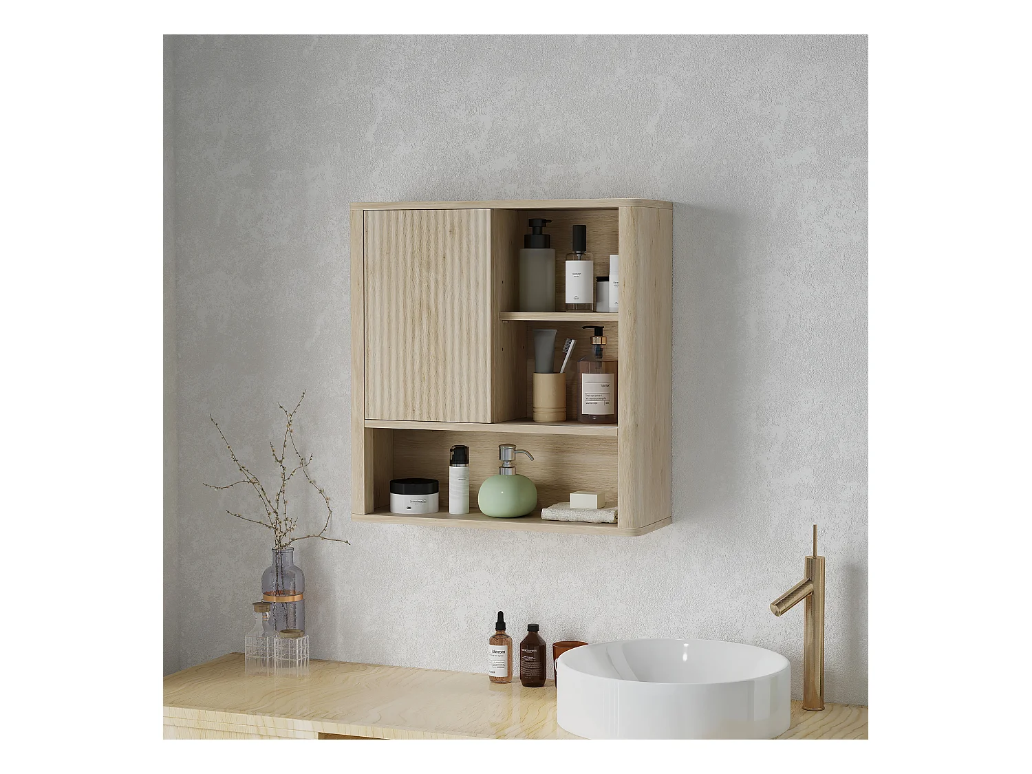 Armoire murale de salle de bain style bohème chic - porte coulissante, étagère, niche - effet bois clair