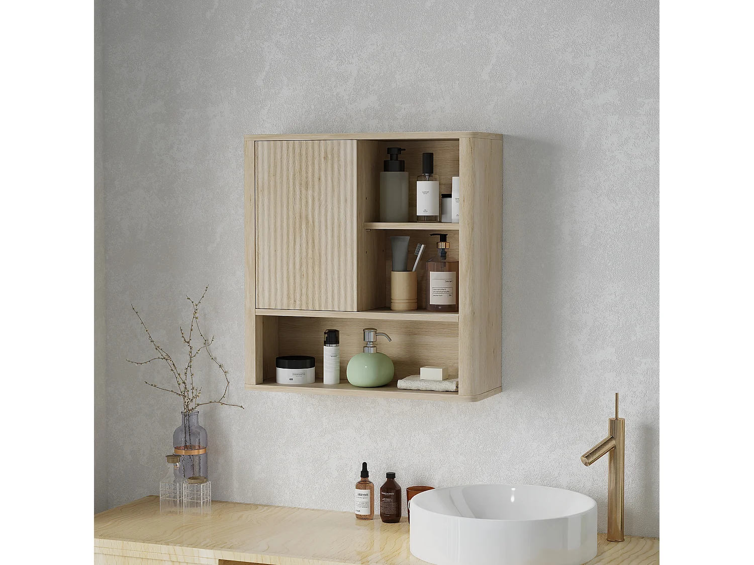 Armoire murale de salle de bain style bohème chic - porte coulissante, étagère, niche - effet bois clair