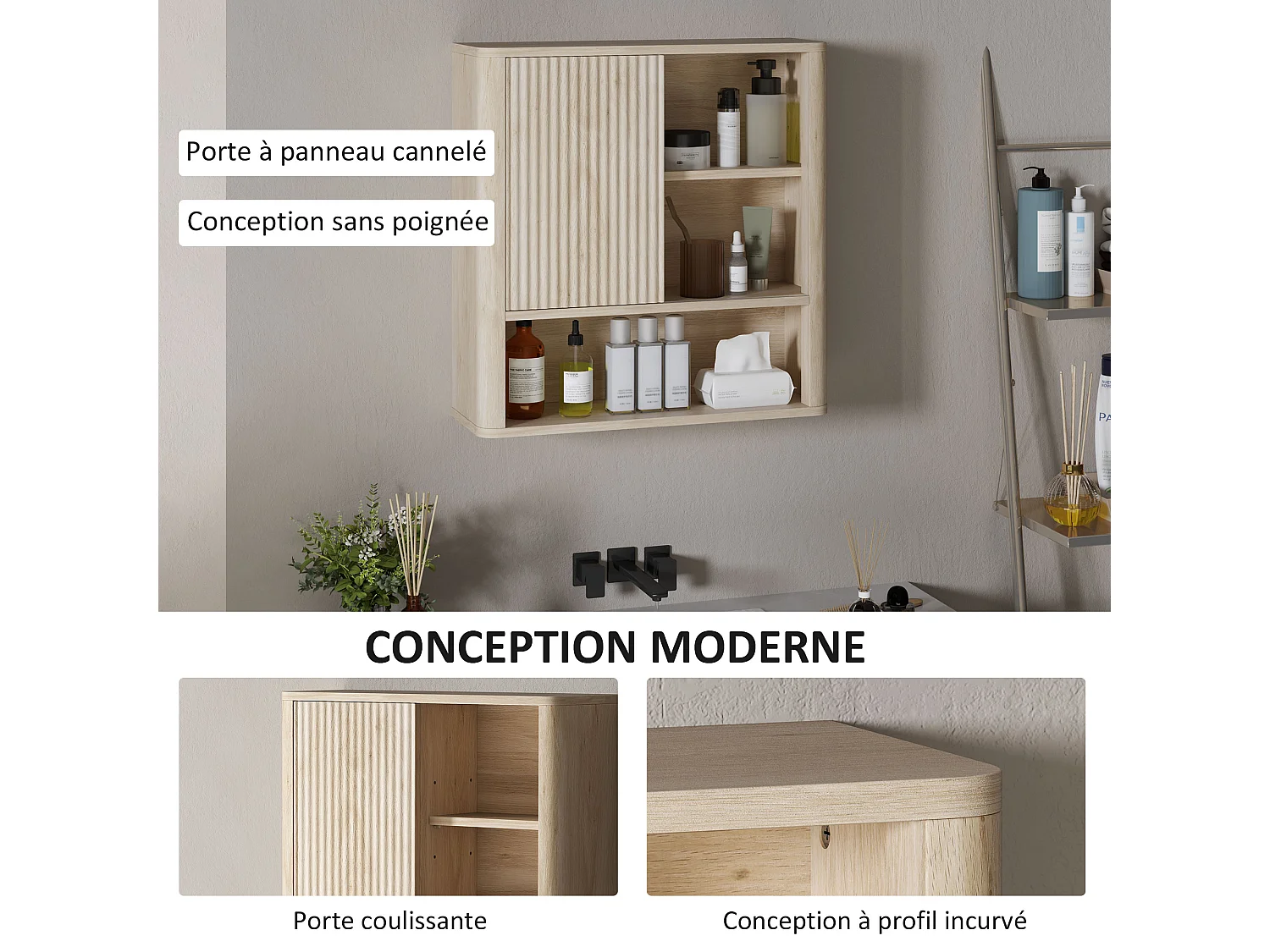 Armoire murale de salle de bain style bohème chic - porte coulissante, étagère, niche - effet bois clair