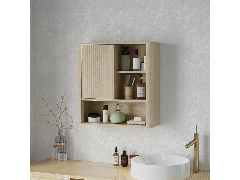 Armoire murale de salle de bain style bohème chic - porte coulissante, étagère, niche - effet bois clair