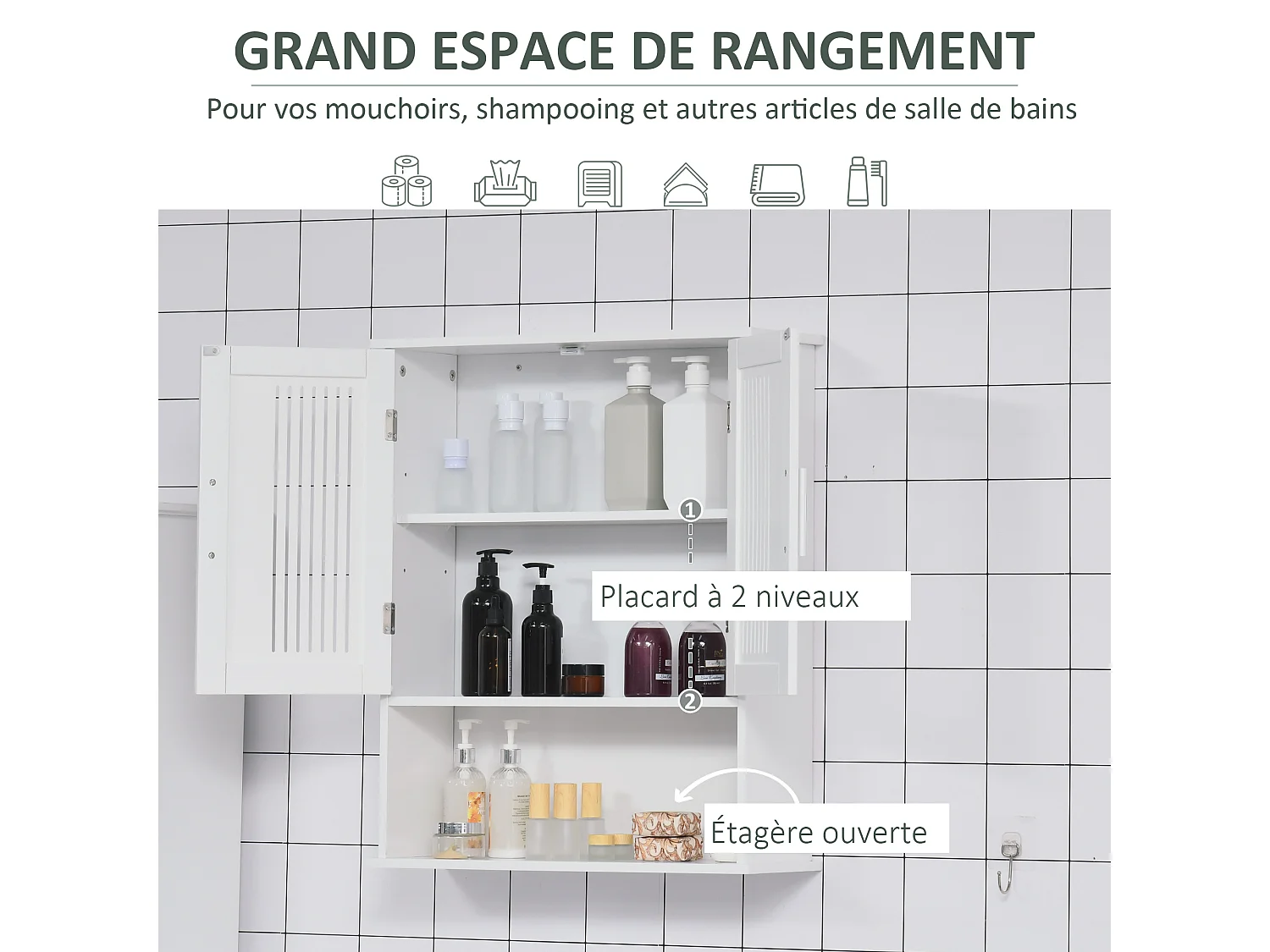 Armoire murale de salle de bain 2 portes - étagère, niche - dim. 60 x 20 x 70 cm - blanc