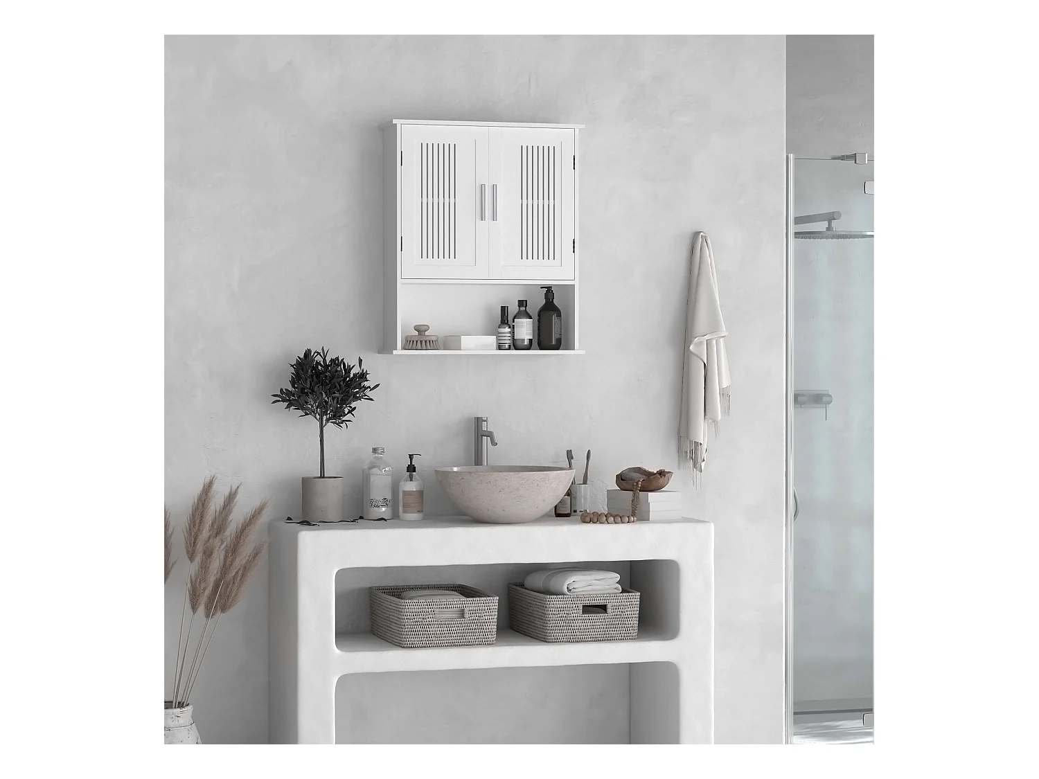 Armoire murale de salle de bain 2 portes - étagère, niche - dim. 60 x 20 x 70 cm - blanc