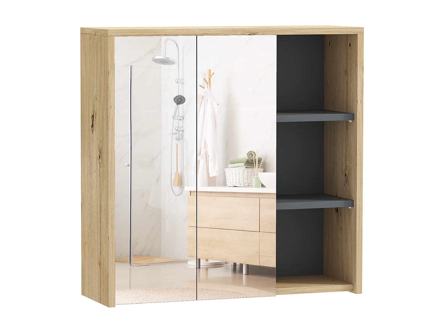 Armoire miroir de salle de bain - 2 portes, étagère, 3 niches - dim. 60 x 20 x 60 cm - effet bois clair naturel