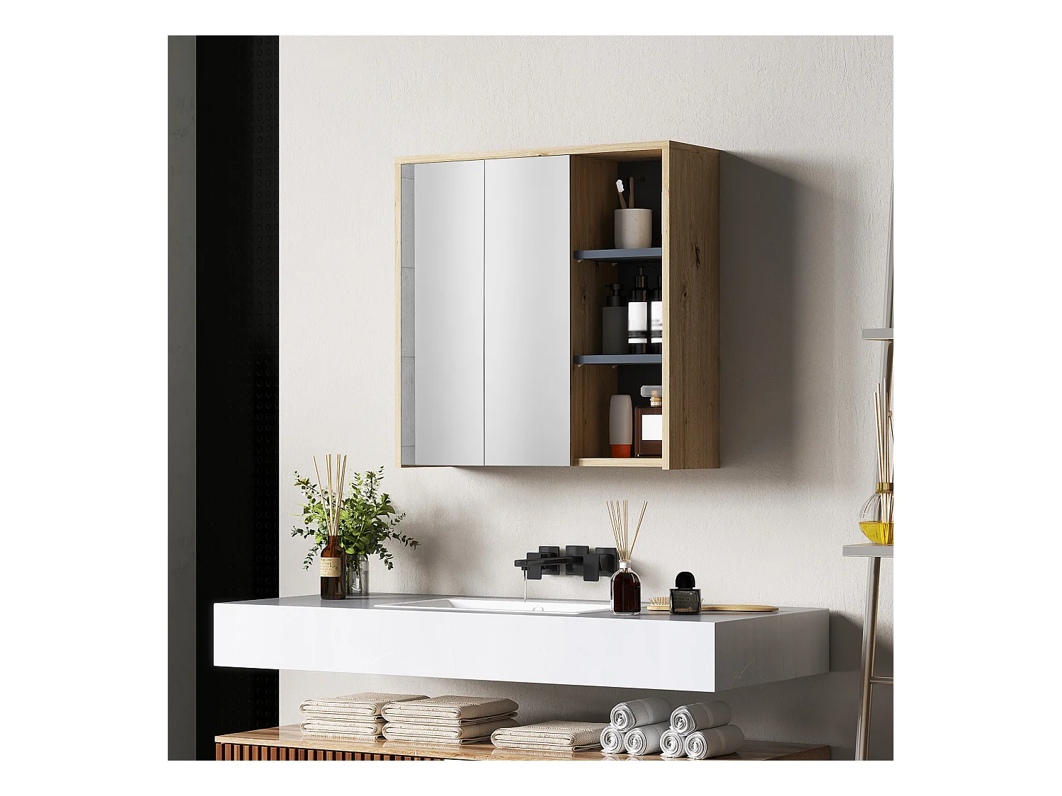 Armoire miroir de salle de bain - 2 portes, étagère, 3 niches - dim. 60 x 20 x 60 cm - effet bois clair naturel