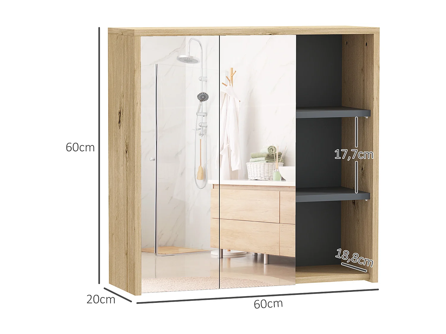 Armoire miroir de salle de bain - 2 portes, étagère, 3 niches - dim. 60 x 20 x 60 cm - effet bois clair naturel