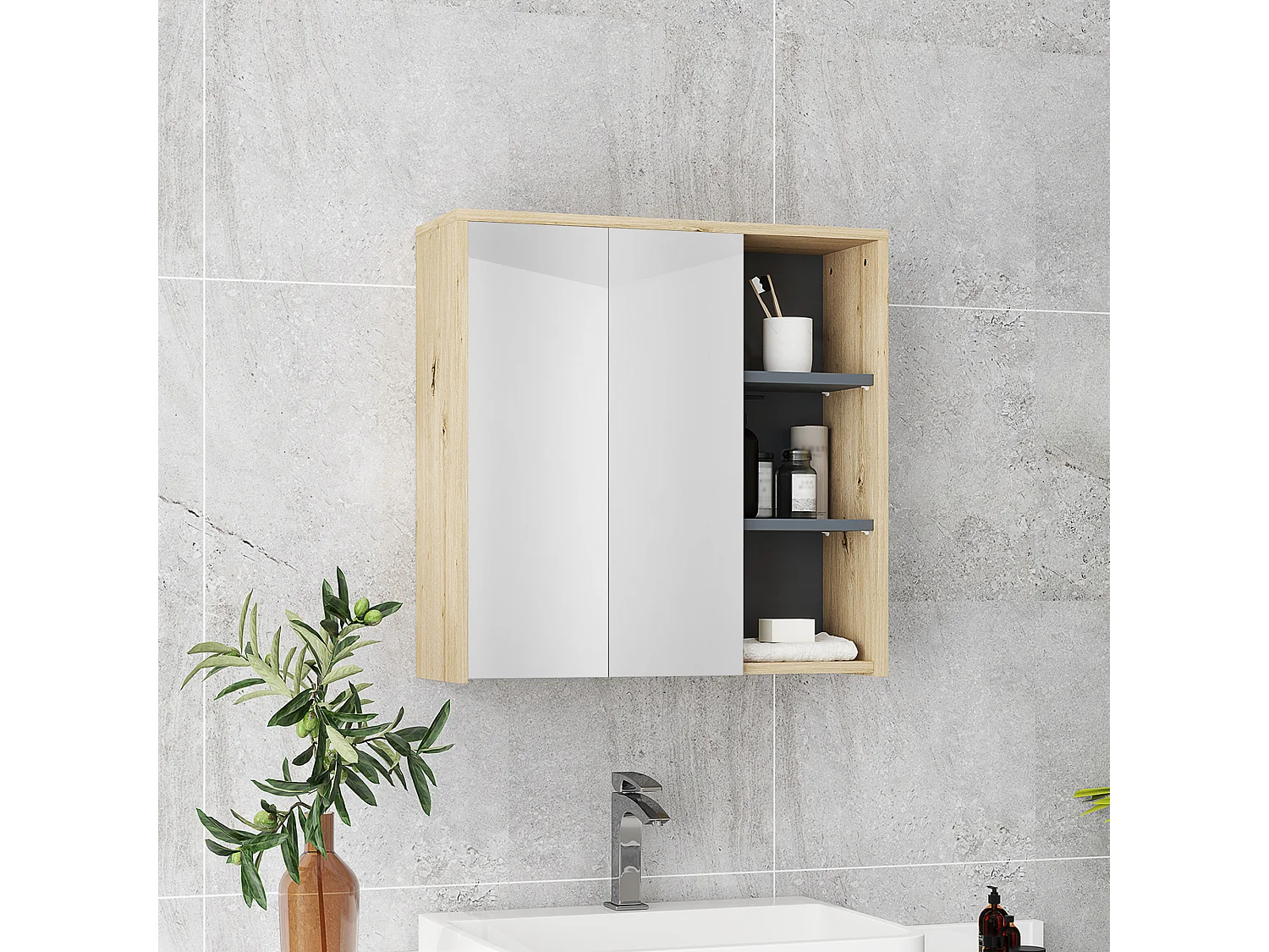 Armoire miroir de salle de bain - 2 portes, étagère, 3 niches - dim. 60 x 20 x 60 cm - effet bois clair naturel