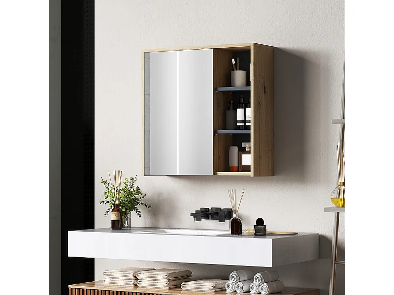 Armoire miroir de salle de bain - 2 portes, étagère, 3 niches - dim. 60 x 20 x 60 cm - effet bois clair naturel