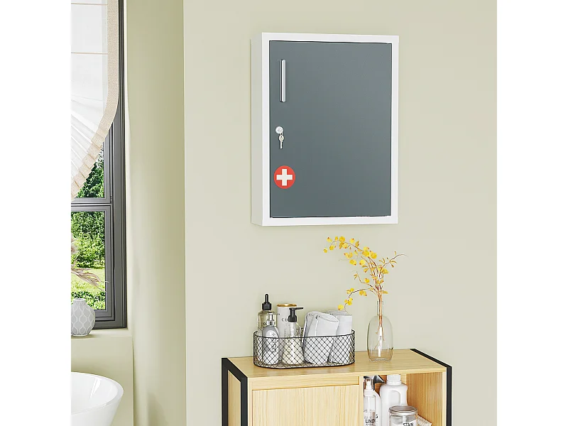 Armoire à pharmacie 2 étagères 3 niv. verrouillables dim. 40L x 15l x 53H cm 2 clés logo croix acier blanc gris