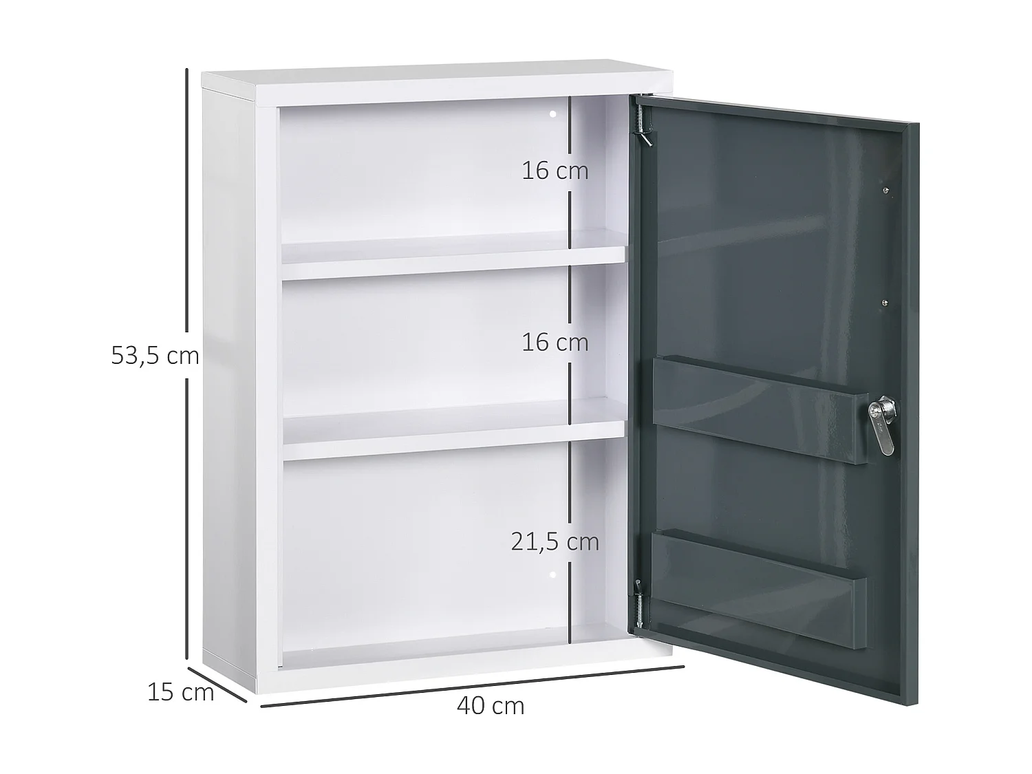 Armoire à pharmacie 2 étagères 3 niv. verrouillables dim. 40L x 15l x 53H cm 2 clés logo croix acier blanc gris
