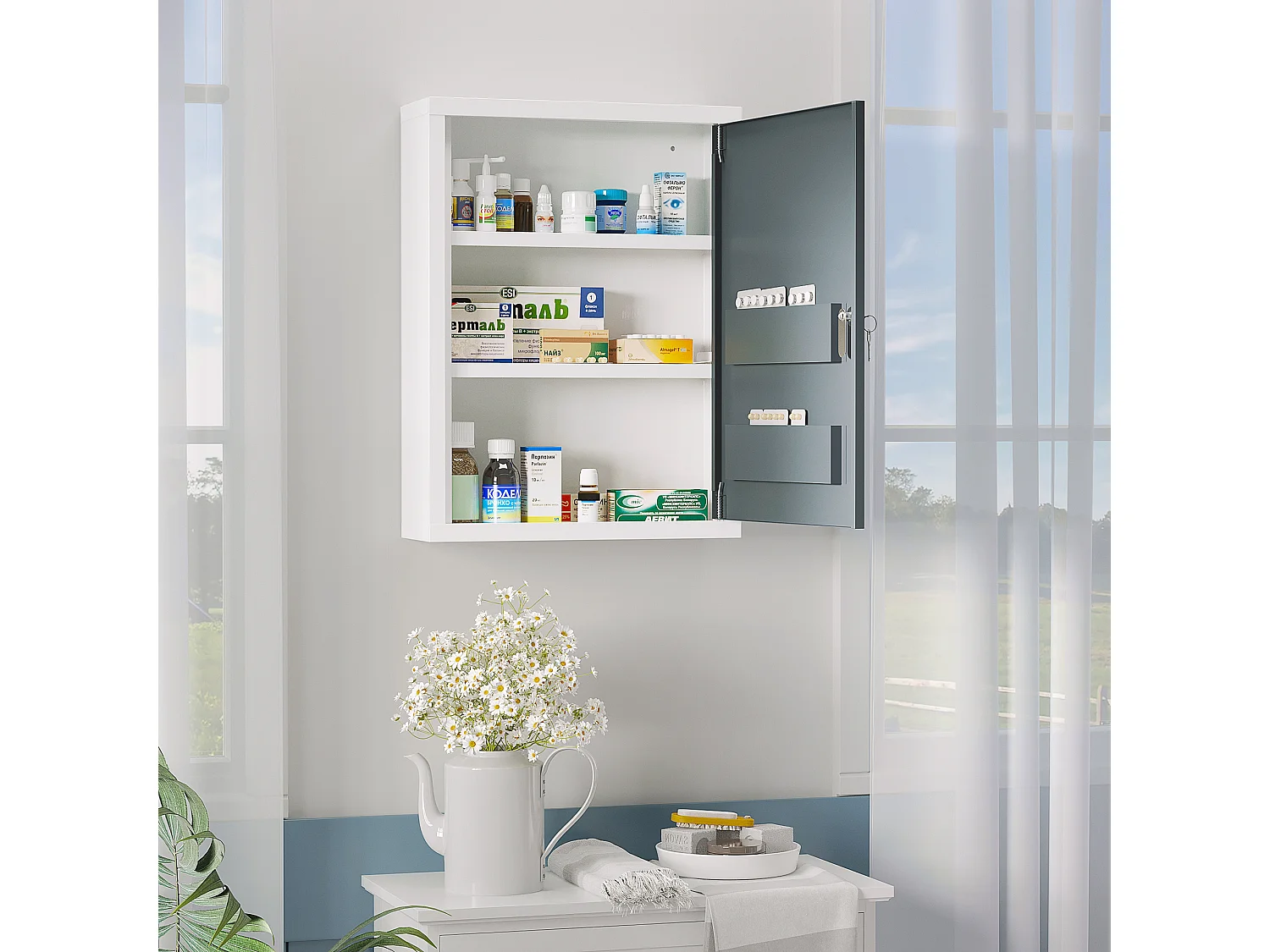 Armoire à pharmacie 2 étagères 3 niv. verrouillables dim. 40L x 15l x 53H cm 2 clés logo croix acier blanc gris