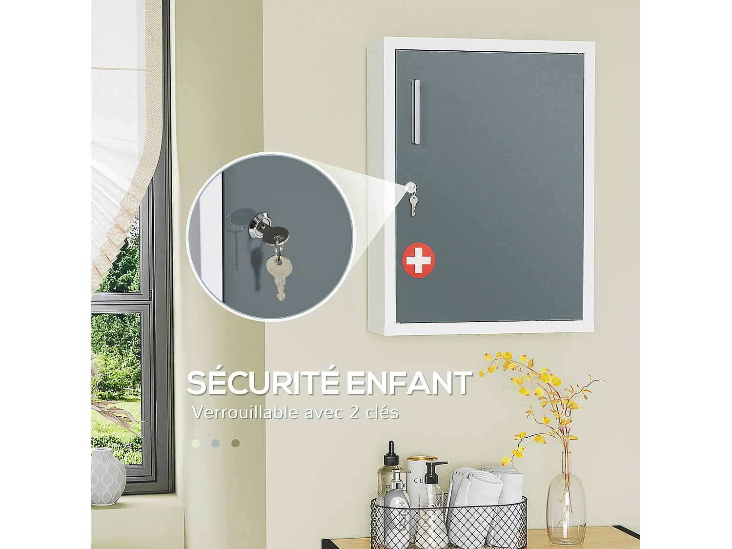 Armoire à pharmacie 2 étagères 3 niv. verrouillables dim. 40L x 15l x 53H cm 2 clés logo croix acier blanc gris