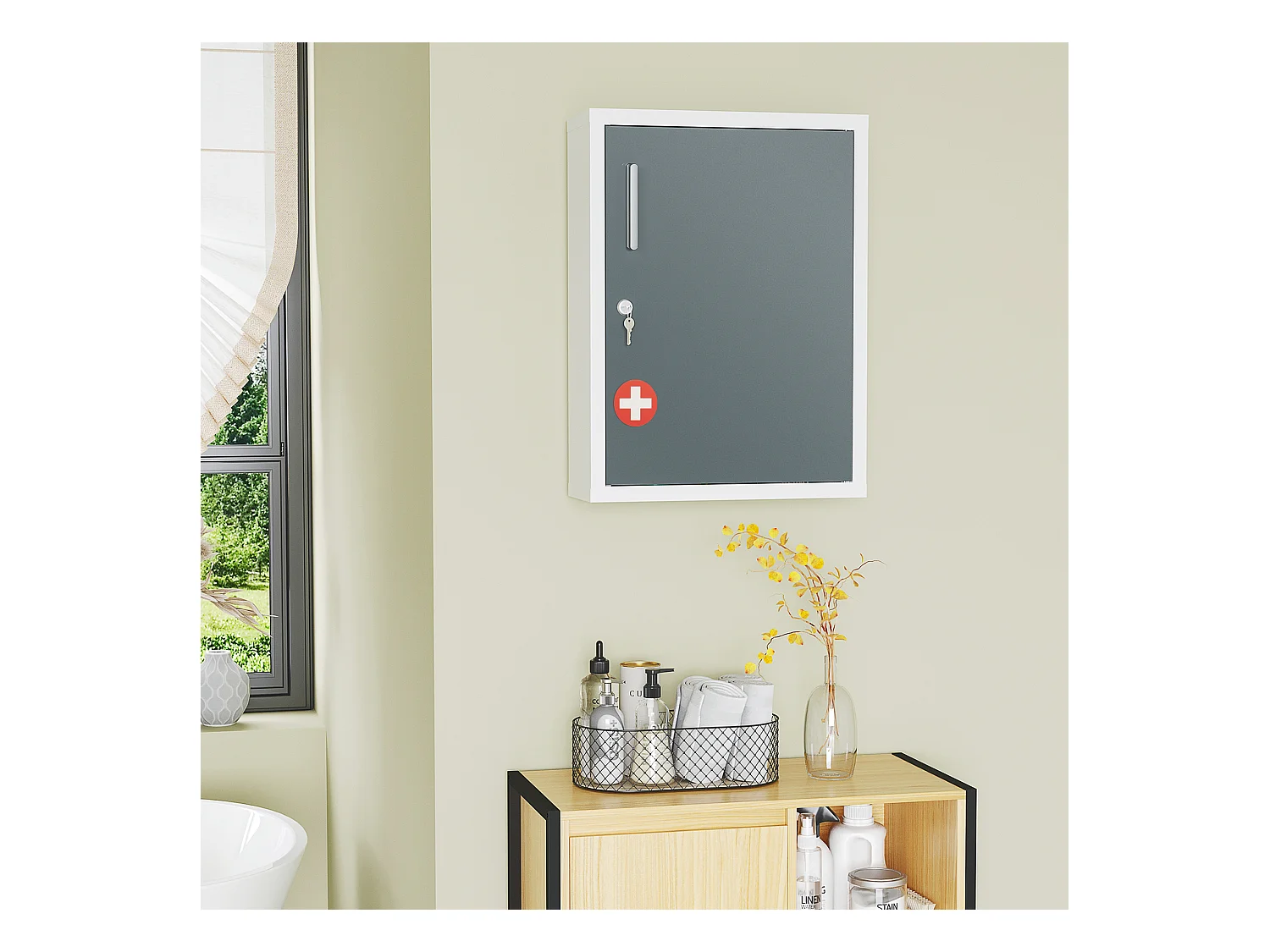 Armoire à pharmacie 2 étagères 3 niv. verrouillables dim. 40L x 15l x 53H cm 2 clés logo croix acier blanc gris