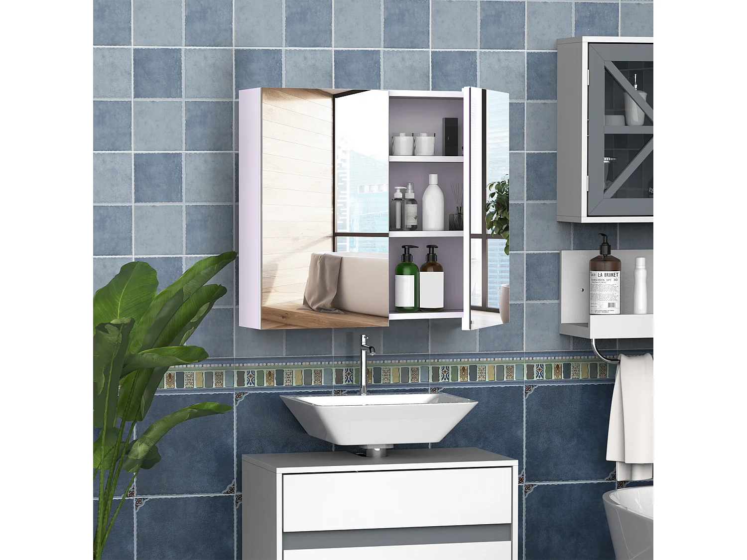 Armoire miroir murale de salle de bain 3 étagères réglables dim. 70L x 60H cm blanc