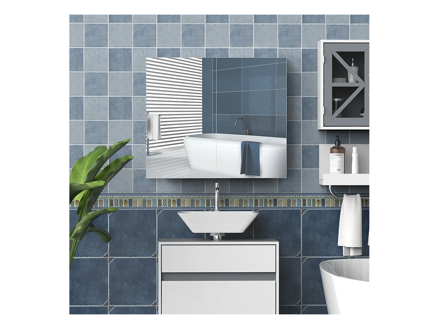 Armoire miroir murale de salle de bain 3 étagères réglables dim. 70L x 60H cm blanc
