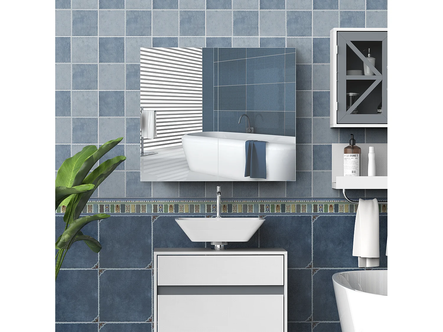 Armoire miroir murale de salle de bain 3 étagères réglables dim. 70L x 60H cm blanc