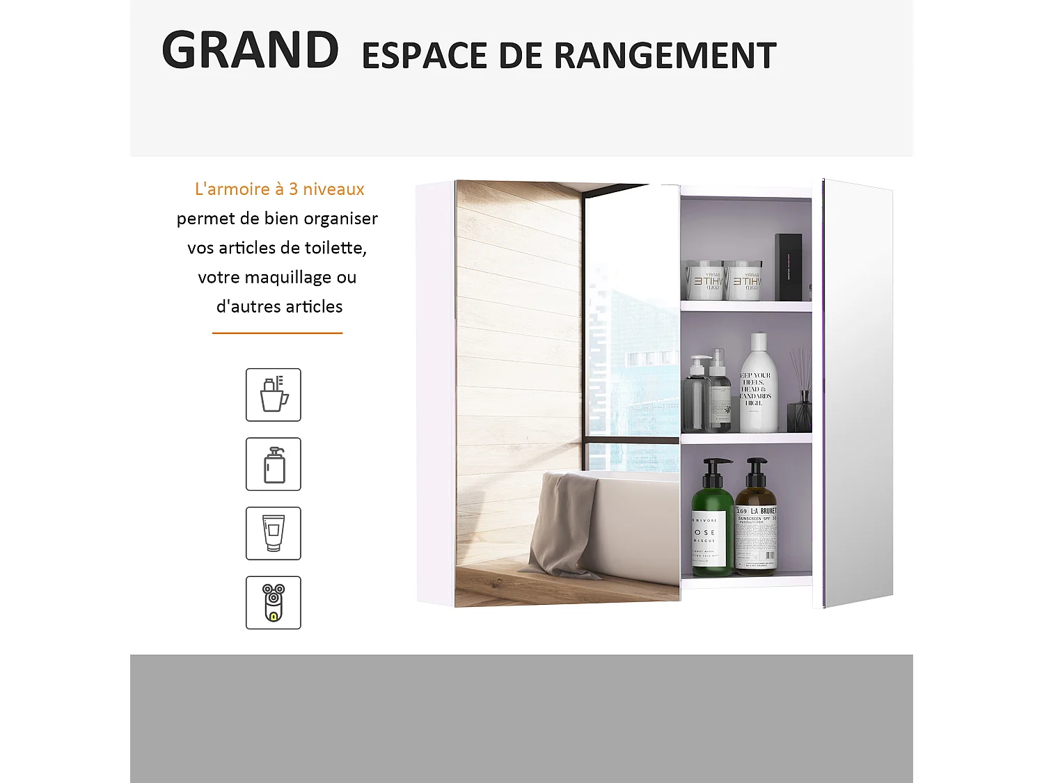 Armoire miroir murale de salle de bain 3 étagères réglables dim. 70L x 60H cm blanc
