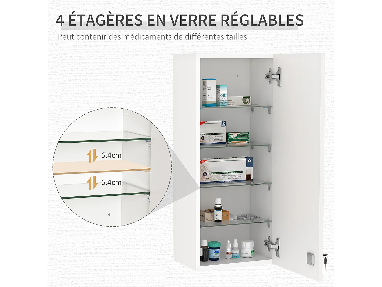 Armoire à pharmacie murale verrouillable - 5 niveaux - verre panneaux blanc
