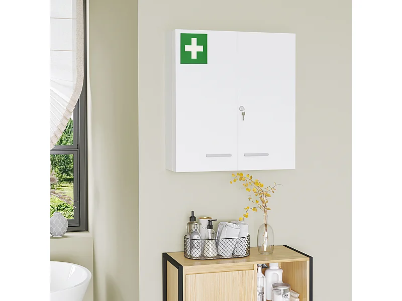 Armoire à pharmacie murale verrouillable 2 portes 6 étagères 6 compartiments dim. 55 x 18 x 60 cm acier blanc