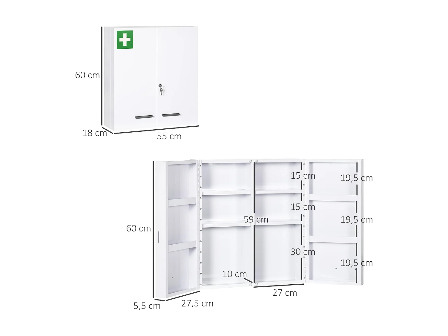Armoire à pharmacie murale verrouillable 2 portes 6 étagères 6 compartiments dim. 55 x 18 x 60 cm acier blanc