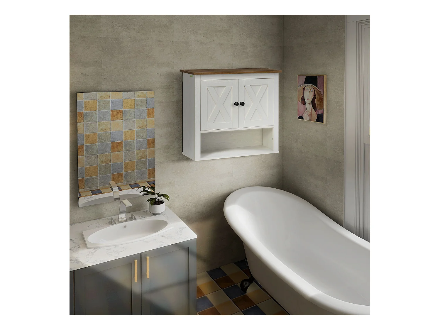 Armoire murale salle de bain style rustique chic - 2 portes, étagère, niche - effet bois noyer écru