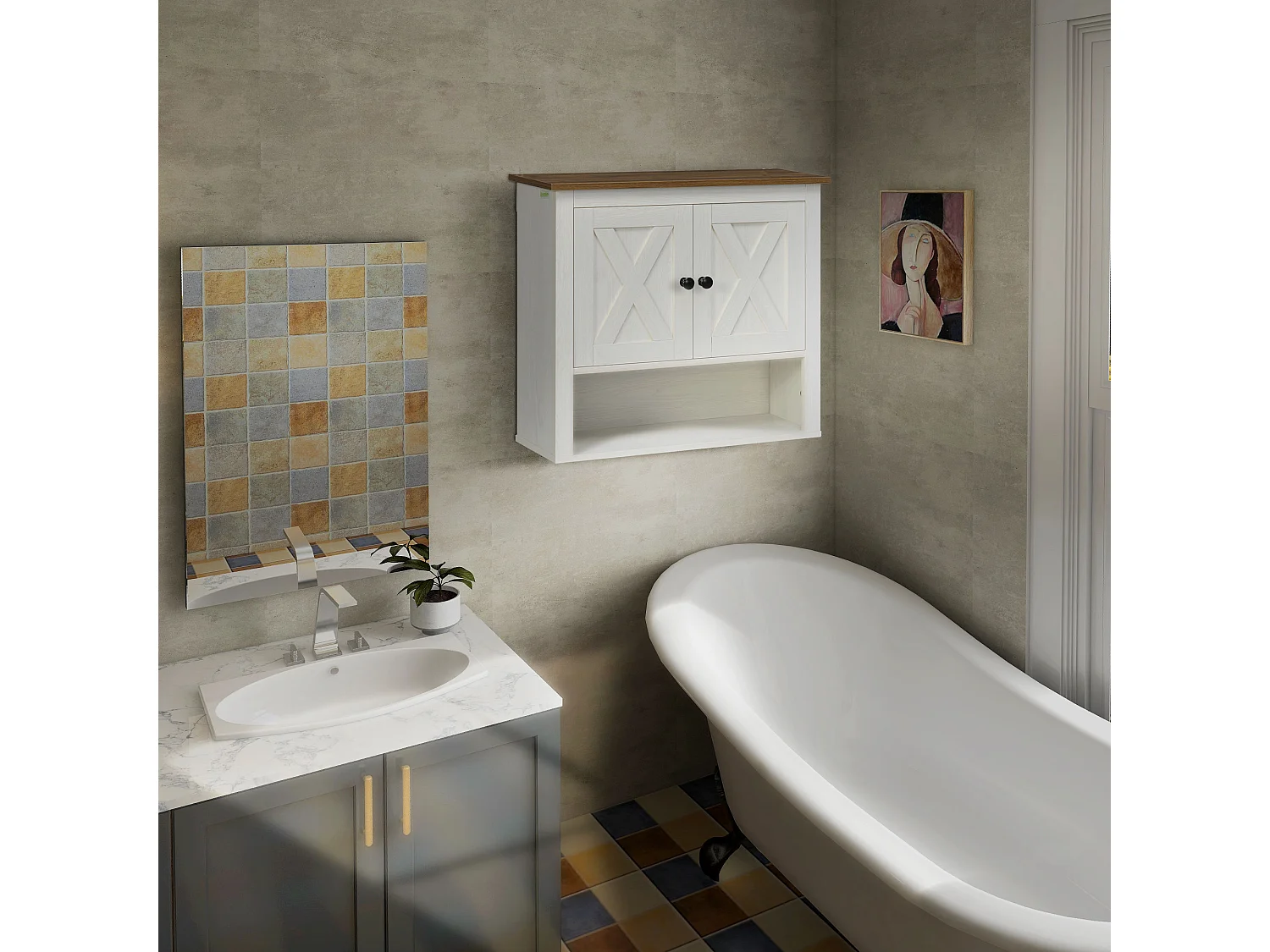 Armoire murale salle de bain style rustique chic - 2 portes, étagère, niche - effet bois noyer écru