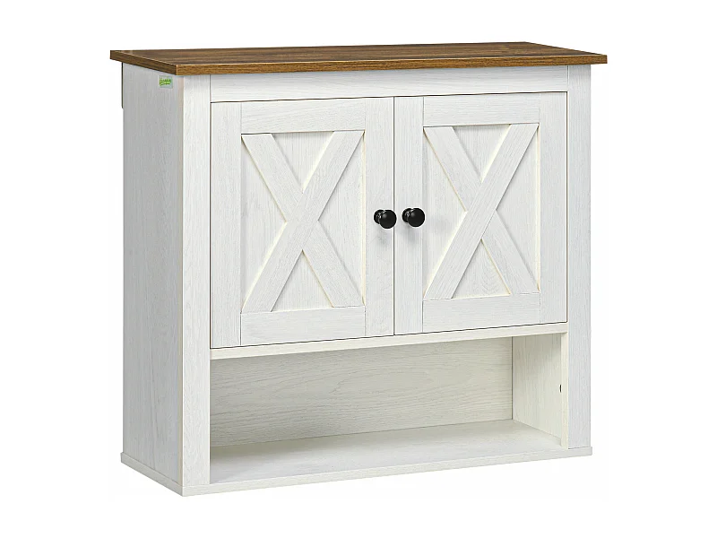 Armoire murale salle de bain style rustique chic - 2 portes, étagère, niche - effet bois noyer écru