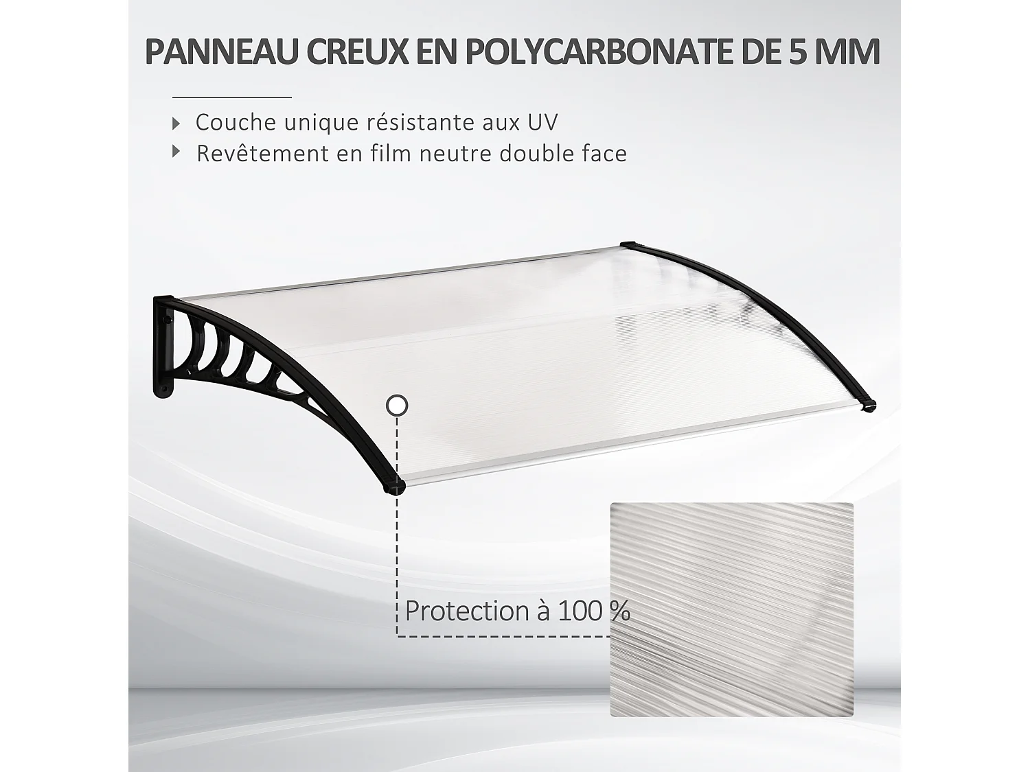 Auvent marquise de porte design voûté arrondi dim. 150L x 90l x 25H cm polycarbonate PP noir