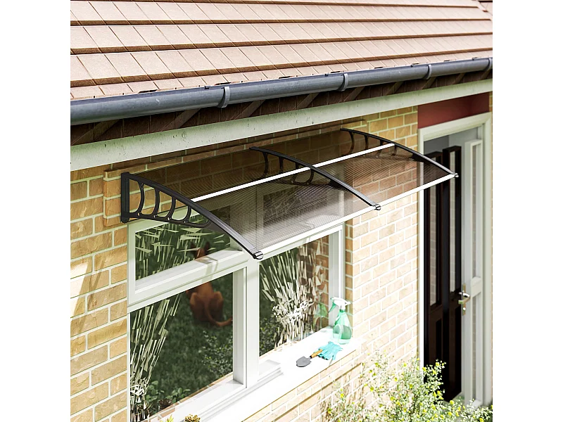 Auvent marquise de porte design voûté arrondi dim. 200L x 96l x 27H cm polycarbonate fumé brun PP noir