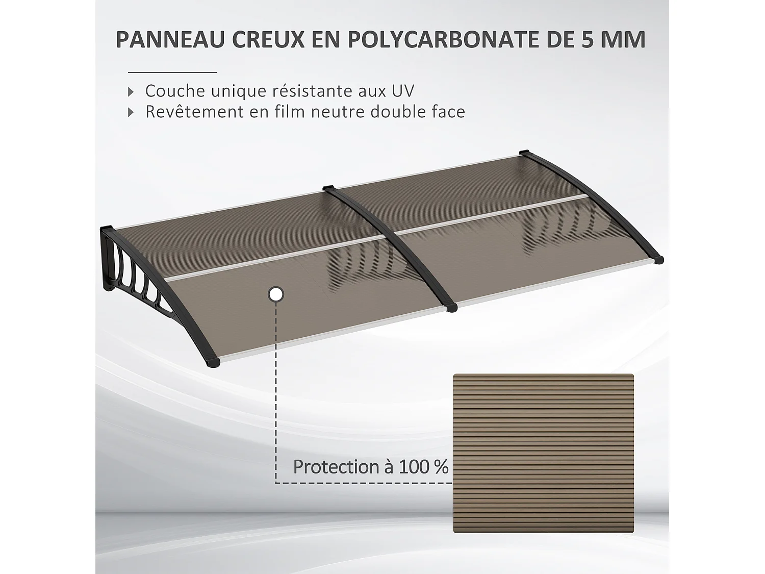 Auvent marquise de porte design voûté arrondi dim. 200L x 96l x 27H cm polycarbonate fumé brun PP noir